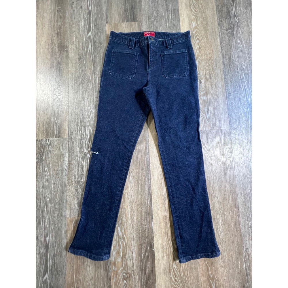 Chaps Denim Jeans Womens 4 Dark Blue Patch Pocket Distressed Straight Leg Slit